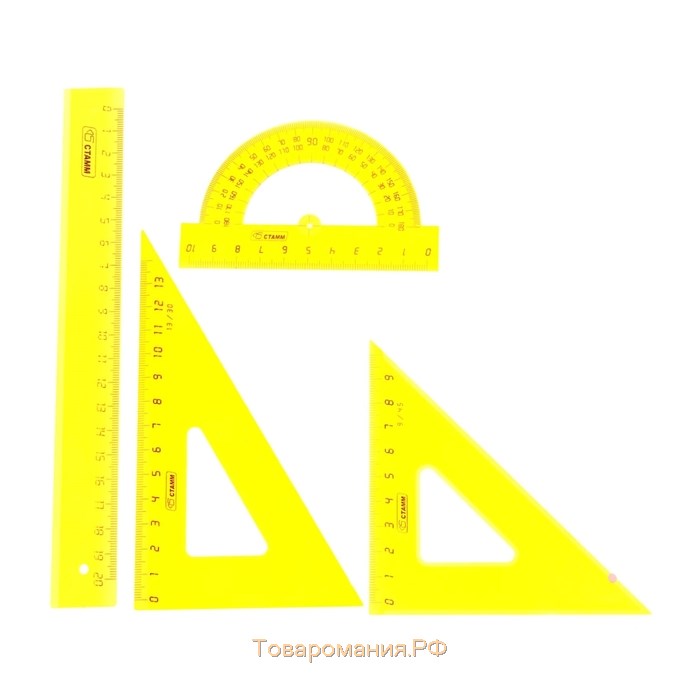 Набор геометрический "Стамм" Neon Cristal, средний (линейка 20 см, треугольник 9 см 45*, треугольник 13 см 30*, транспортир 10 см 180*), микс