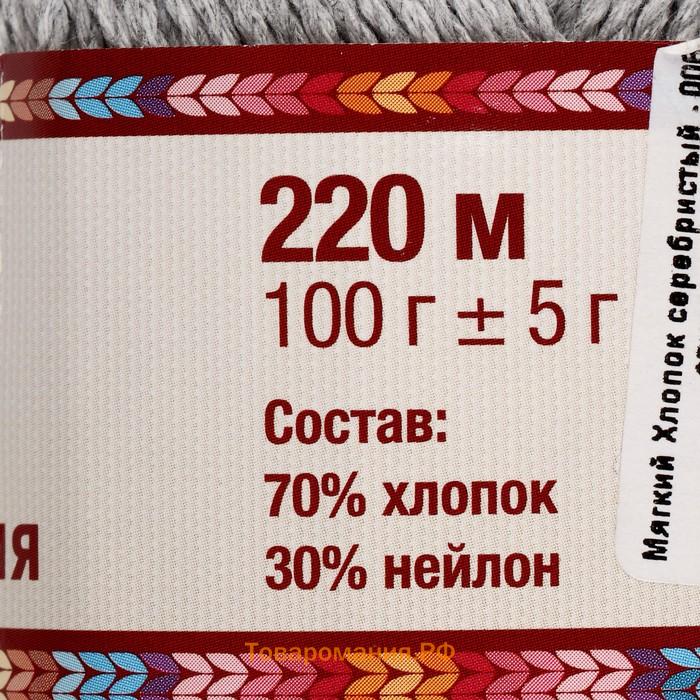 Пряжа для вязания спицами, крючком «Камтекс. Мягкий хлопок», 70% хлопок, 30% нейлон, 220 м/100 г, (008 серебристый)