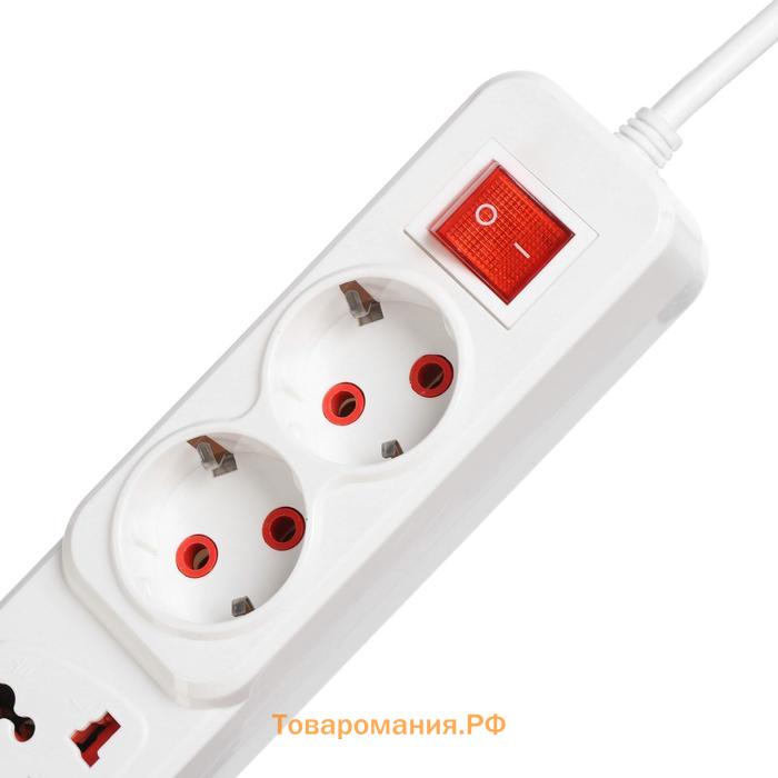 Удлинитель Lighting, 2 евро+2 унив.роз., 3 м, 2200 Вт, 2х0.5 мм2, с выкл., белый