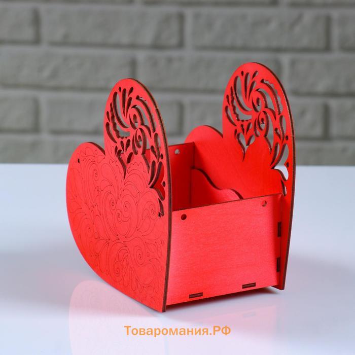 Кашпо деревянное "Сердце ажурное", красный, 18×8.6×14 см