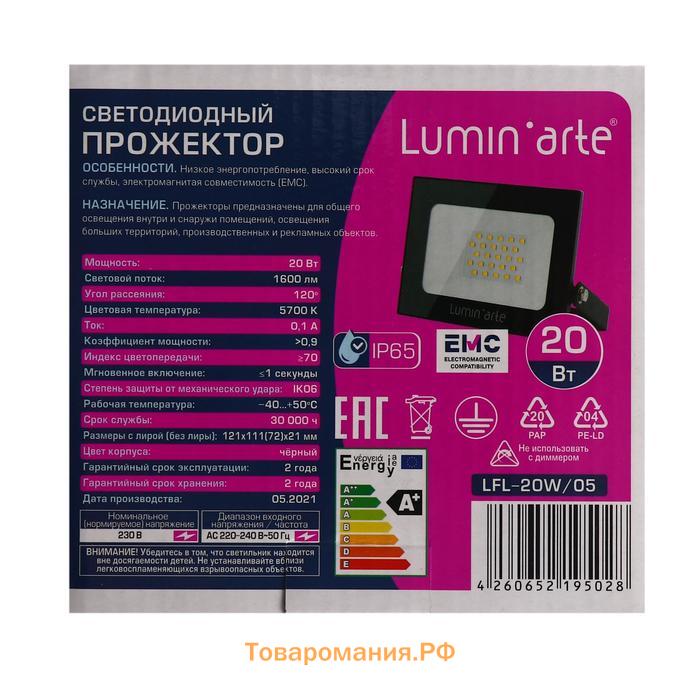 Прожектор светодиодный Luminarte LFL-20W/05, 20 Вт, 5700 К, 1600 Лм, IP65, черный