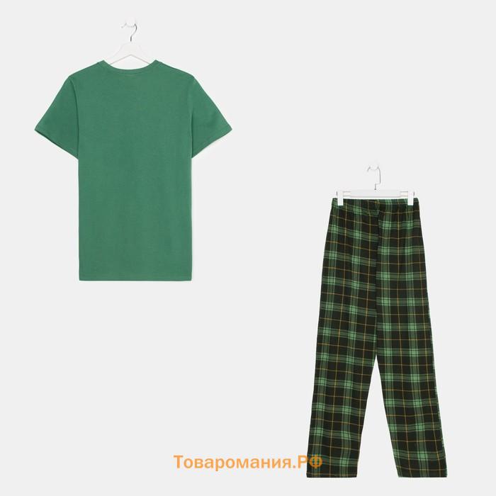 Комплект (футболка/брюки) мужской, цвет зеленый/клетка, размер 54