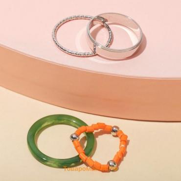 Кольцо набор 4 штуки "Джипси" 1 на фалангу, бисер, цвет зелёно-оранжевый в серебре, размер 15-16