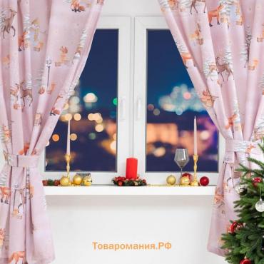 Новогодний комплект штор для кухни с подхватами "Christmas forest" 145х180см-2 шт, габардин